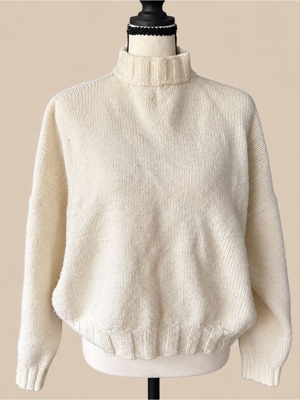 Hand-Knit Cream Boxy Crop Mock Neck Sweater L